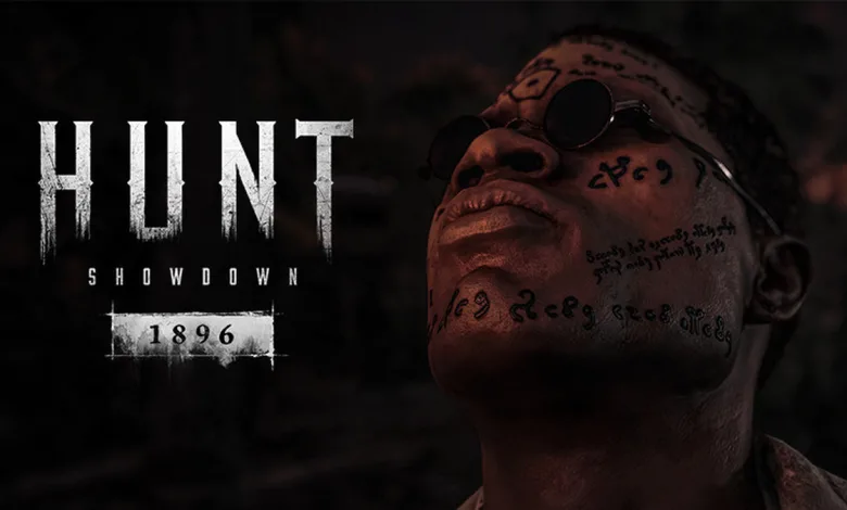 Hunt: Showdown 1896 logo beside a close-up portrait of a character wearing goggles