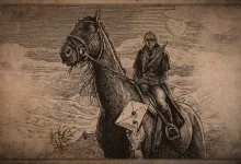 Sepia Dime Novel-style illustration of a Hunter riding a horse with an envelope attached to the saddle.