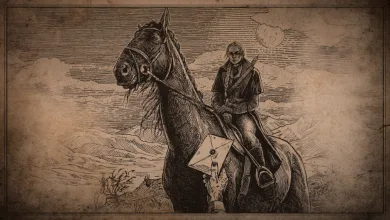 Sepia Dime Novel-style illustration of a Hunter riding a horse with an envelope attached to the saddle.