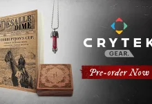 A Corruption's Cup Dime Novel, a red pendant necklace, and an engraved wooden box displayed as Hunt: Showdown 1896 merchandise.