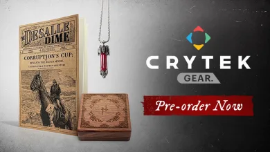 A Corruption's Cup Dime Novel, a red pendant necklace, and an engraved wooden box displayed as Hunt: Showdown 1896 merchandise.