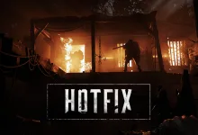 Hunt: Showdown 1896 hotfix artwork showing a silhouetted hunter in a burning interior beneath the word Hotfix.