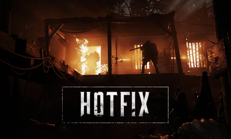 Hunt: Showdown 1896 hotfix artwork showing a silhouetted hunter in a burning interior beneath the word Hotfix.