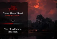 Hunt: Showdown 1896 Blood Testament event artwork showing a red moon over a dark settlement.