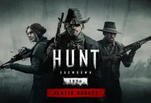 Three armed hunters stand in a foggy forest above the Hunt: Showdown 1896 logo and Player Survey label.