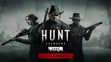 Three armed hunters stand in a foggy forest above the Hunt: Showdown 1896 logo and Player Survey label.
