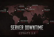 Hunt: Showdown 1896 server downtime graphic showing a world map and regional maintenance times for Update 2.9.