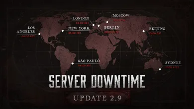 Hunt: Showdown 1896 server downtime graphic showing a world map and regional maintenance times for Update 2.9.