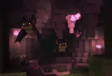 Bats flying through a crystal-lit cave in Hytale