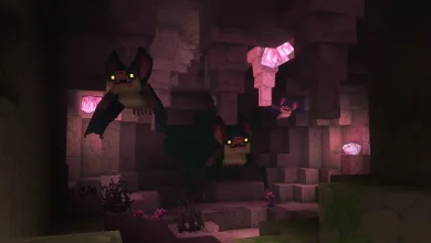 Bats flying through a crystal-lit cave in Hytale