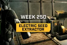 An Icarus prospector stands beside the Electric Seed Extractor in the Week 250 update.