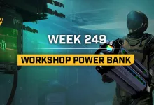An Icarus astronaut holds a large power bank inside a blue-lit workshop.