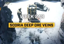 A cylindrical mining device stands among rocks in a snowy cavern in Icarus, with the Week 248 Scoria Deep Ore Veins update title overlaid.