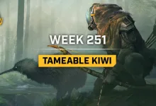 An armored Icarus prospector crouches beside a Kiwi in a misty forest while holding a bow.