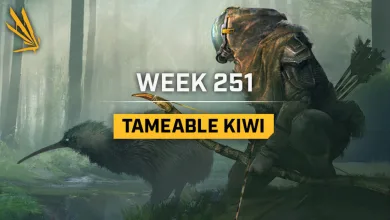 An armored Icarus prospector crouches beside a Kiwi in a misty forest while holding a bow.
