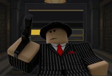 Roblox-style Idle Mafia Game character in a pinstripe suit holding a gun inside a vault
