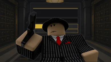 Roblox-style Idle Mafia Game character in a pinstripe suit holding a gun inside a vault