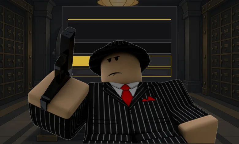 Roblox-style Idle Mafia Game character in a pinstripe suit holding a gun inside a vault