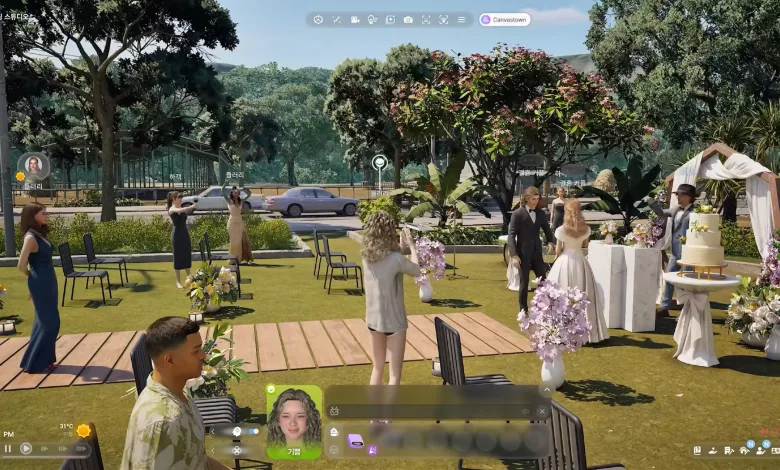 Inzoi characters gather at an outdoor wedding in Canvastown.