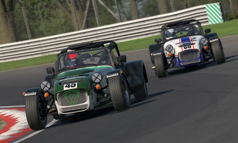 Two Caterham race cars drive through a circuit during an iRacing race.