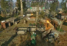 A player character stands inside a fenced JOIN US compound with garden plots, tents, work areas, and a campfire.