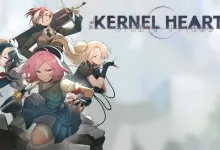 Four Kernel Hearts heroes leap across a broken structure beneath the game title.