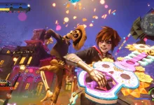 Sora stands with a colorful keyblade beside Hector in a Coco-inspired setting in Kingdom Hearts IV.
