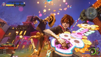 Sora stands with a colorful keyblade beside Hector in a Coco-inspired setting in Kingdom Hearts IV.