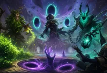 Dark fantasy League of Legends Arena scene with a tree-like figure, a hooded figure surrounded by glowing portals, and a spectral lantern bearer.