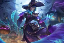 Cassiopeia wearing her Bewitching skin and conjuring blue-purple magic