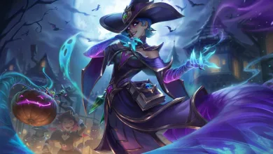 Cassiopeia wearing her Bewitching skin and conjuring blue-purple magic