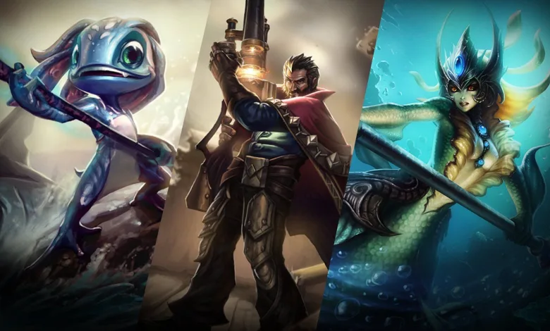 Artwork featuring Fizz, Graves, and Nami from League of Legends Classic's Bilgewater champion batch.
