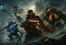 Fizz, Graves, Nami, and Nautilus battle through rough water in a stormy harbor scene.