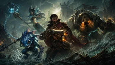 Fizz, Graves, Nami, and Nautilus battle through rough water in a stormy harbor scene.