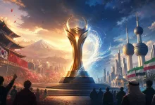 Conceptual esports trophy scene between an Asian-style arena and a Kuwait skyline with cheering spectators.