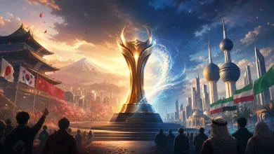 Conceptual esports trophy scene between an Asian-style arena and a Kuwait skyline with cheering spectators.