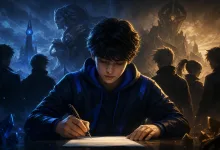 A young esports player signs a contract at a desk against a blue-and-gold fantasy battlefield backdrop.