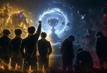 Silhouetted League of Legends esports players face a glowing championship trophy between opposing fantasy battle scenes.