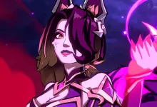 Stylized League of Legends character with purple hair and glowing magenta magic in her raised hand
