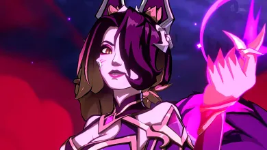 Stylized League of Legends character with purple hair and glowing magenta magic in her raised hand