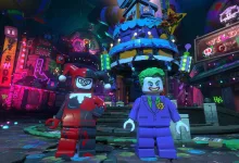 LEGO versions of The Joker and Harley Quinn stand together in a colorful Gotham entertainment district.