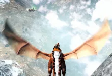 A player rides a dragon mount over snowy mountains in Light No Fire