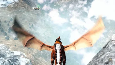 A player rides a dragon mount over snowy mountains in Light No Fire