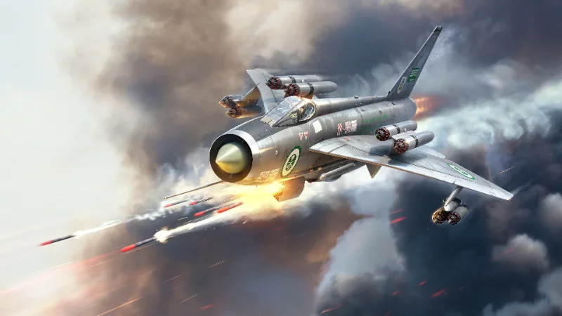 Lightning F.53 fighter aircraft flying through clouds