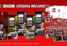 Promotional collage showing Like a Dragon vending machines alongside character shirts, keychains, and other merchandise.