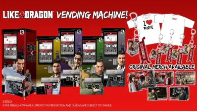 Promotional collage showing Like a Dragon vending machines alongside character shirts, keychains, and other merchandise.