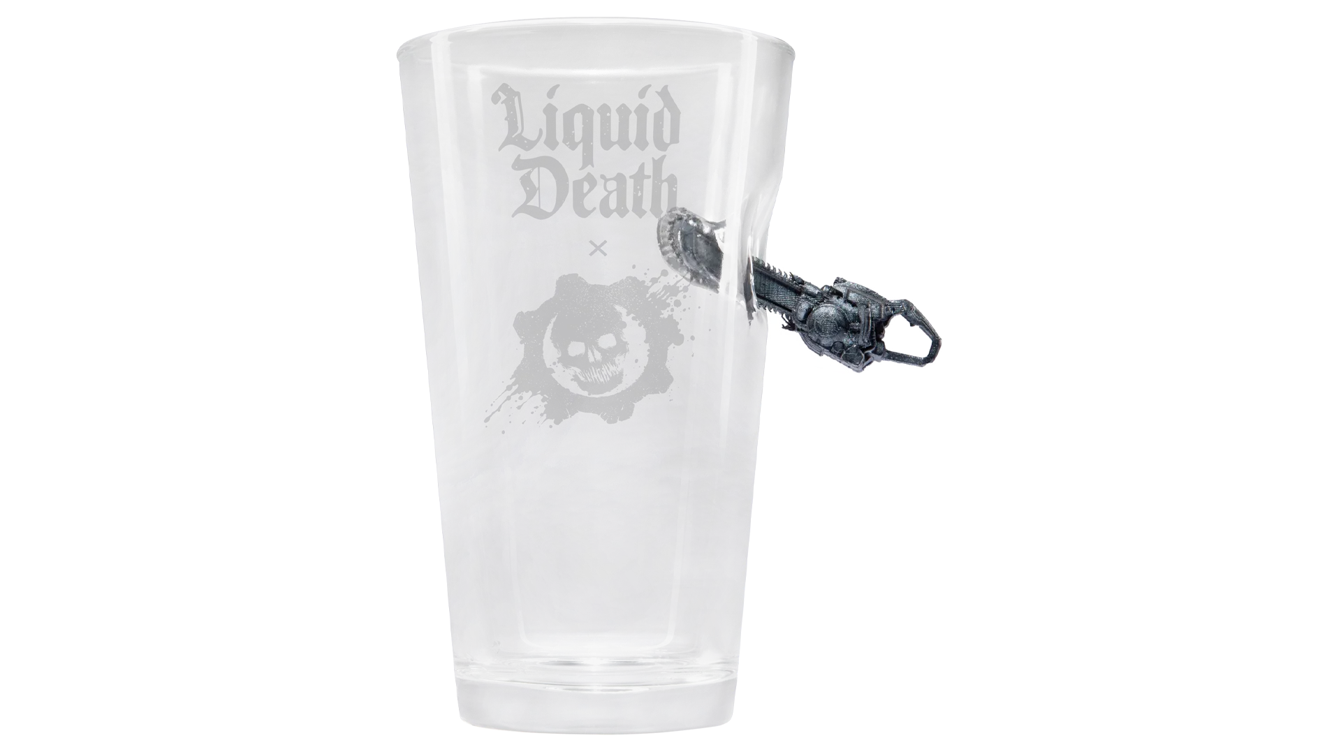 Liquid Death Gears of War: E-Day chainsaw pint glass