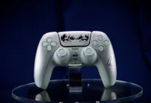 Lisa Limited Edition DualSense controller displayed on a stand against a dark blue background