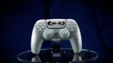 Lisa Limited Edition DualSense controller displayed on a stand against a dark blue background