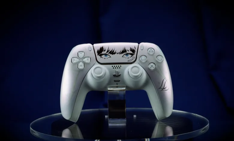 Lisa Limited Edition DualSense controller displayed on a stand against a dark blue background